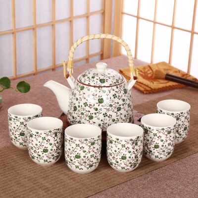 Ceramic tea service set with 6 cups and teapot with bamboo handle in gift box. TK-240B