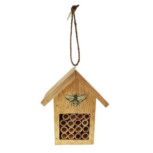 Wood and bamboo bee/bug hotel house shape with sloping roof bee motif 14.5x17x10 (ANT051)