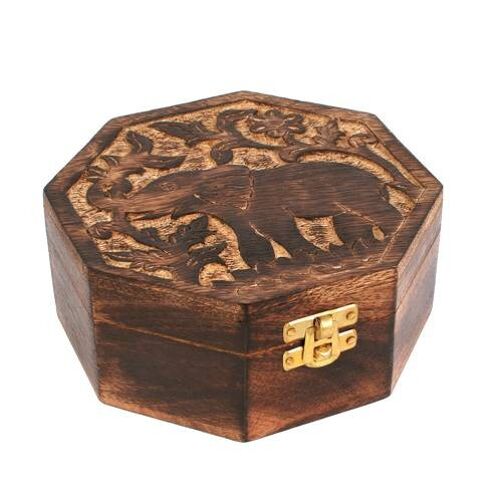 Box mango wood elephant design octagonal 15x15x7cm (ASH1283)