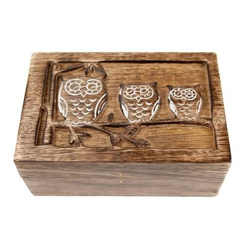 Box, mango wood, 3 owls 15x10x6cm (ASH1740)