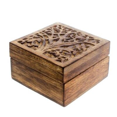 Trinket box, mango wood, tree design 10x10x6cm (ASH1921)