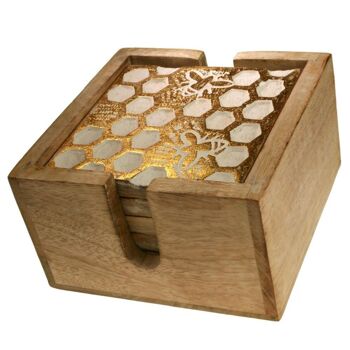 Ensemble de 4 sous-verres sur support, motif nid d'abeille en bois de manguier (ASH2087B) 2