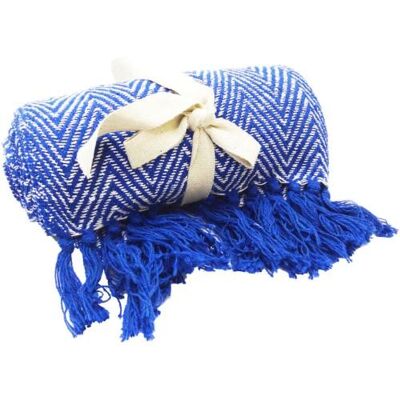 Throw/Bedspread Soft Recycled Cotton Chevron Design Blue 150x125cm (ASH2117)