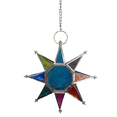 Lantern for t-lite candle, star shape, blue + multi 20cm (ASH2142)