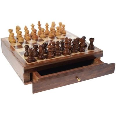 Small wooden chess set sheesham wood pieces in pullout drawer 16x16x3.5 (ASH2200)