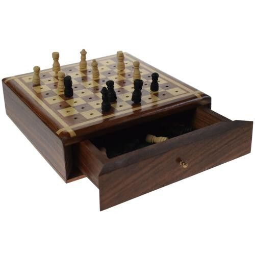 Travel wooden chess set sheesham wood pieces in pullout drawer 15x15x4.5 (ASH2201)