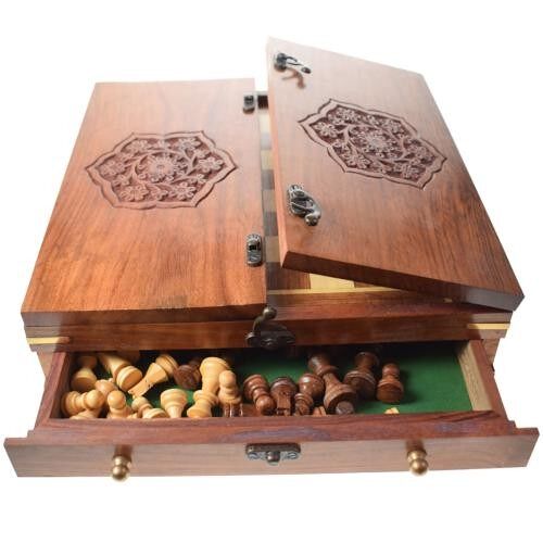 Luxury sheesham wooden chess set, lid to protect board, pieces in drawer 27x27x7 (ASH2203)