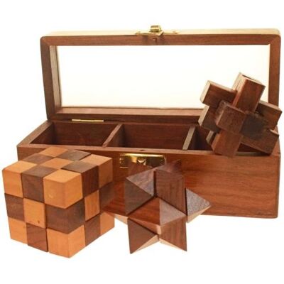 Box of 3 wooden puzzle games in quality handcarved sheesham wood box 17.5x6.5x7 (ASH2209)