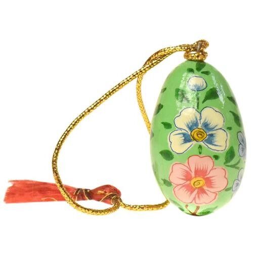 Hanging egg decoration, blue flowers on green, papier maché, 4.5cm height (ASH2241)