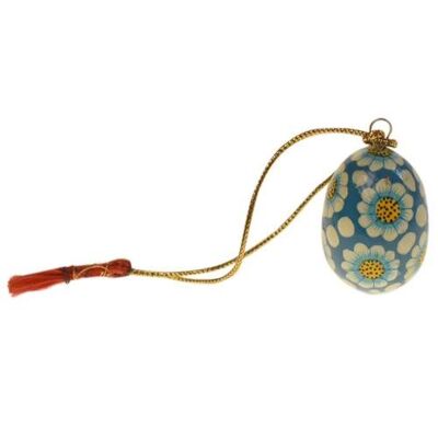 Hanging egg decoration, blue flowers on blue, papier maché, 4.5cm height (ASH2243)