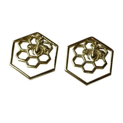 Ear studs, gold colour, bee & honeycomb (ASH2252)