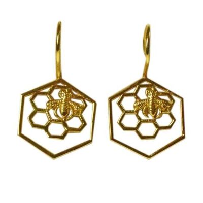 Earrings, gold colour, bee & honeycomb (ASH2253)