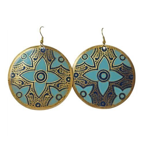 Brass earrings round, floral design gold & turquoise colour (ASH2273)