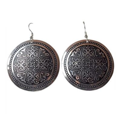Brass earrings round, floral design silver & black colour (ASH2274)