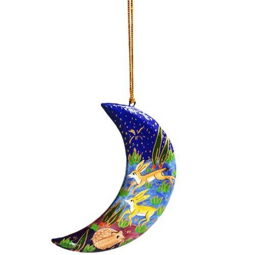 Hanging decoration, woodland animals on moon, papier maché (ASHX201)