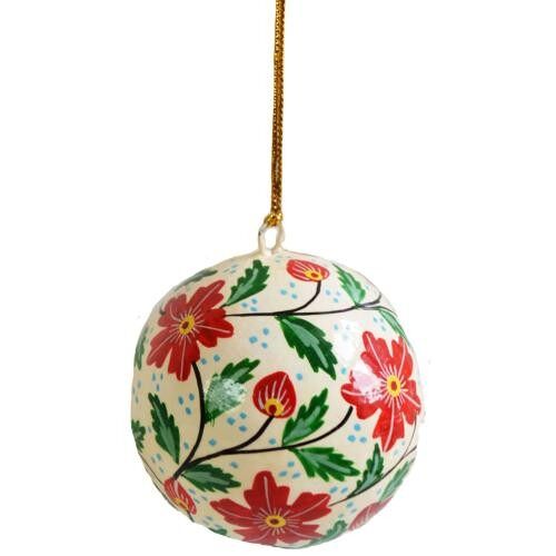 Hanging bauble, red flowers on cream, papier maché (ASHX204)