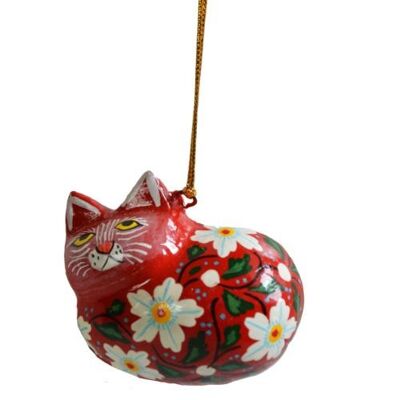 Hanging cat decoration, flowers on red, papier maché (ASHX211)