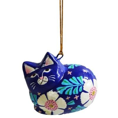 Hanging cat decoration, flowers on dark blue, papier maché (ASHX212)