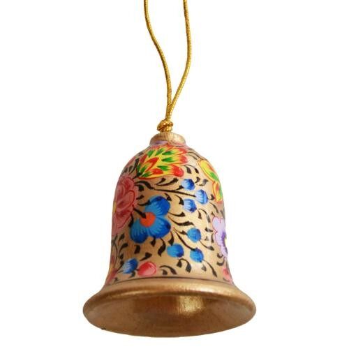 Hanging bell decoration, flowers on gold, papier maché (ASHX217)