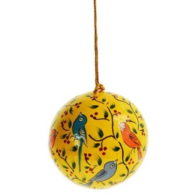 Hanging bauble, birds on yellow, papier maché (ASHX225)