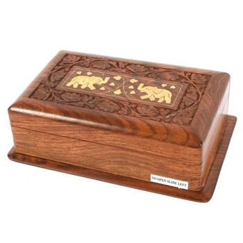 Boîte à serrure secrète en bois avec 2 éléphants en laiton (ASP1299) 1