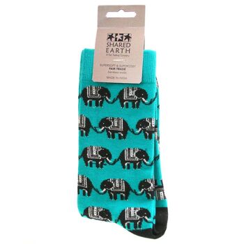 Chaussettes en bambou, éléphants turquoise, Pointure : UK 7-11, Euro 41-47 (ASP18712L) 3