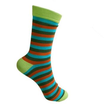 Chaussettes en bambou, rayures vert terre cuite turquoise, Pointure : UK 3-7, Euro 36-41 (ASP18726M) 1