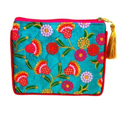 Carry/pouch bag, embroidered flowers on turquoise (ASP2178)