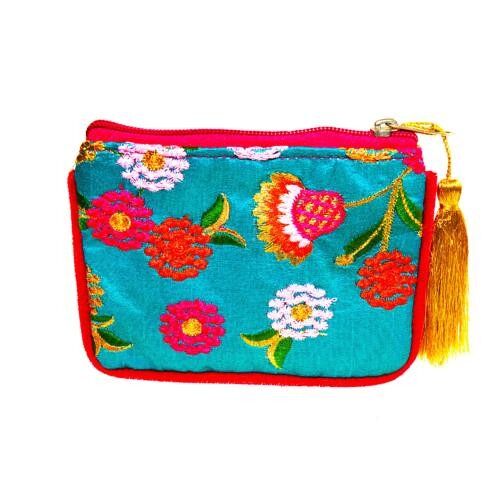 Coin purse, embroidered flowers on turquoise (ASP2179)