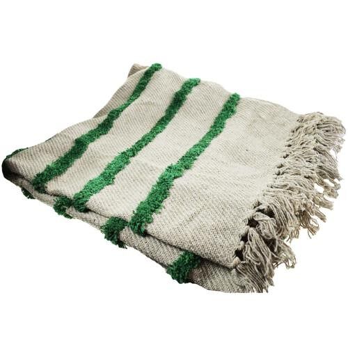 Throw/bedspread, recycled cotton, green tufted stripes (ASP2196)