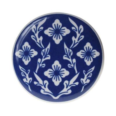 Single round ceramic coaster blue floral 4 white flowers (ASP2271)