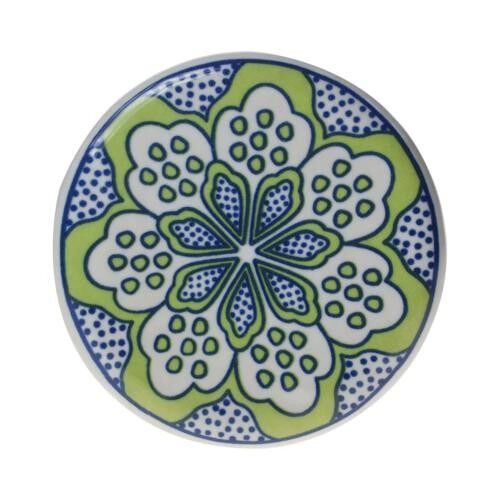 Single round ceramic coaster floral green on blue (ASP2274)