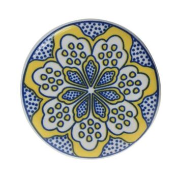 Sous-verre en céramique rond simple floral jaune sur bleu (ASP2275) 1