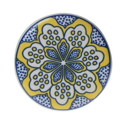 Single round ceramic coaster floral yellow on blue (ASP2275)