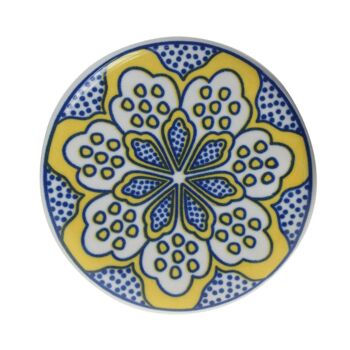Sous-verre en céramique rond simple floral jaune sur bleu (ASP2275) 2