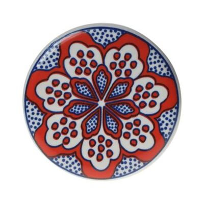 Single round ceramic coaster floral red on blue (ASP2276)