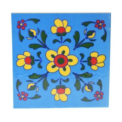 Single square ceramic coaster floral yellow on light blue 10cm (ASP2282)