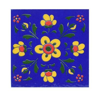 Single square ceramic coaster floral yellow on dark blue 10cm (ASP2283)