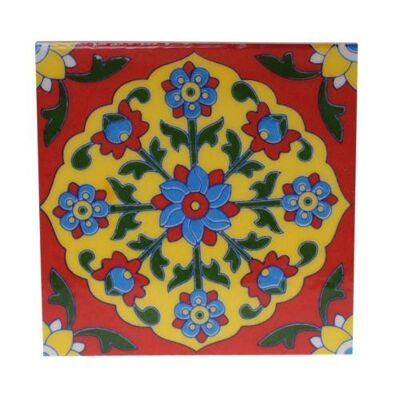 Single square ceramic coaster floral blue on red 10cm (ASP2284)