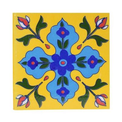 Single square ceramic coaster floral blue on yellow 10cm (ASP2285)