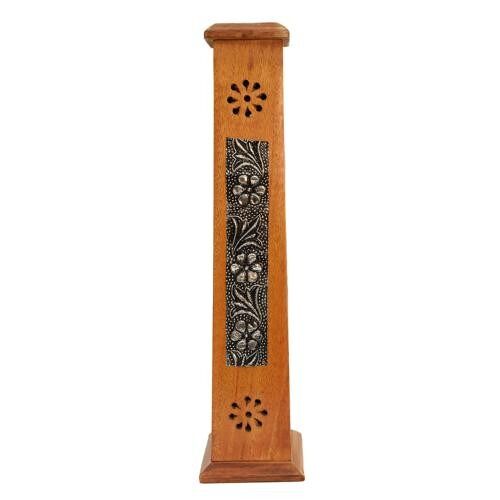 Incense holder, mango wood tower, flower design (ASP2825)