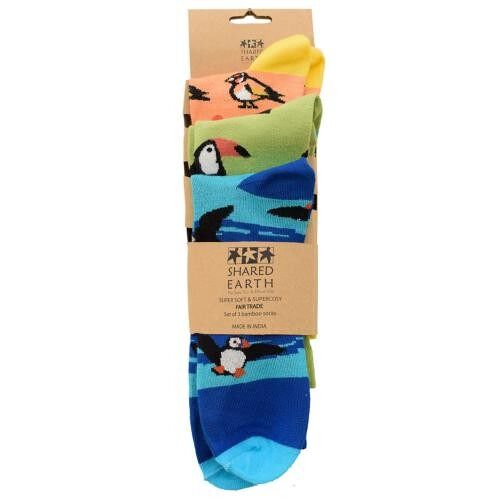 3 pairs of bamboo socks, puffins toucans goldfinches, Shoe size: UK 7-11, Euro 41-47 (ASPA02LAR)