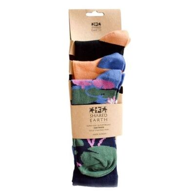 3 pairs of bamboo socks, 1 x water lilies + 2 x geometric, Shoe size: UK 7-11, Euro 41-47 (ASPA11L)