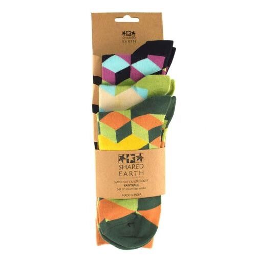 3 pairs of bamboo socks, cubes (3 colourways), Shoe size: UK 7-11, Euro 41-47 (ASPA12L)