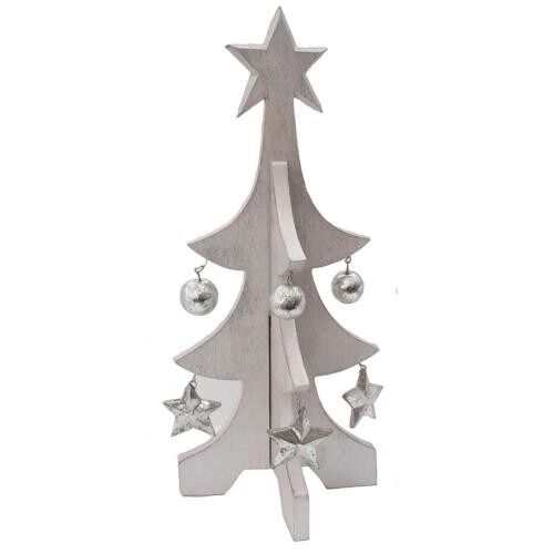 Christmas tree, wood with stars and baubles, white 30cm (BS010)