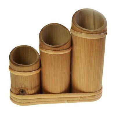 Triple bamboo pen/pencil pot natural colour 15x6cm (BSIS07)