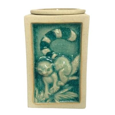 Oilburner, rectangular with lemur design, blue glaze 7.5x7.5x11.7cm (CCUT26)