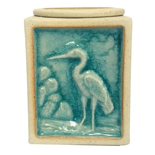 Oilburner, rectangular with heron design, blue glaze 7.5x7.5x9.5cm (CCUT27)