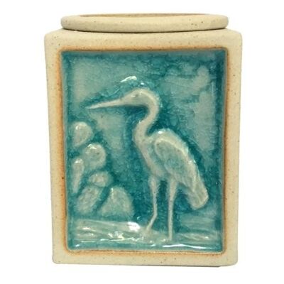 Oilburner, rectangular with heron design, blue glaze 7.5x7.5x9.5cm (CCUT27)