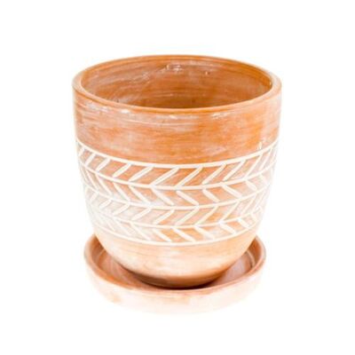 Terracotta plant pot with saucer, fish bone, small (CJW012)